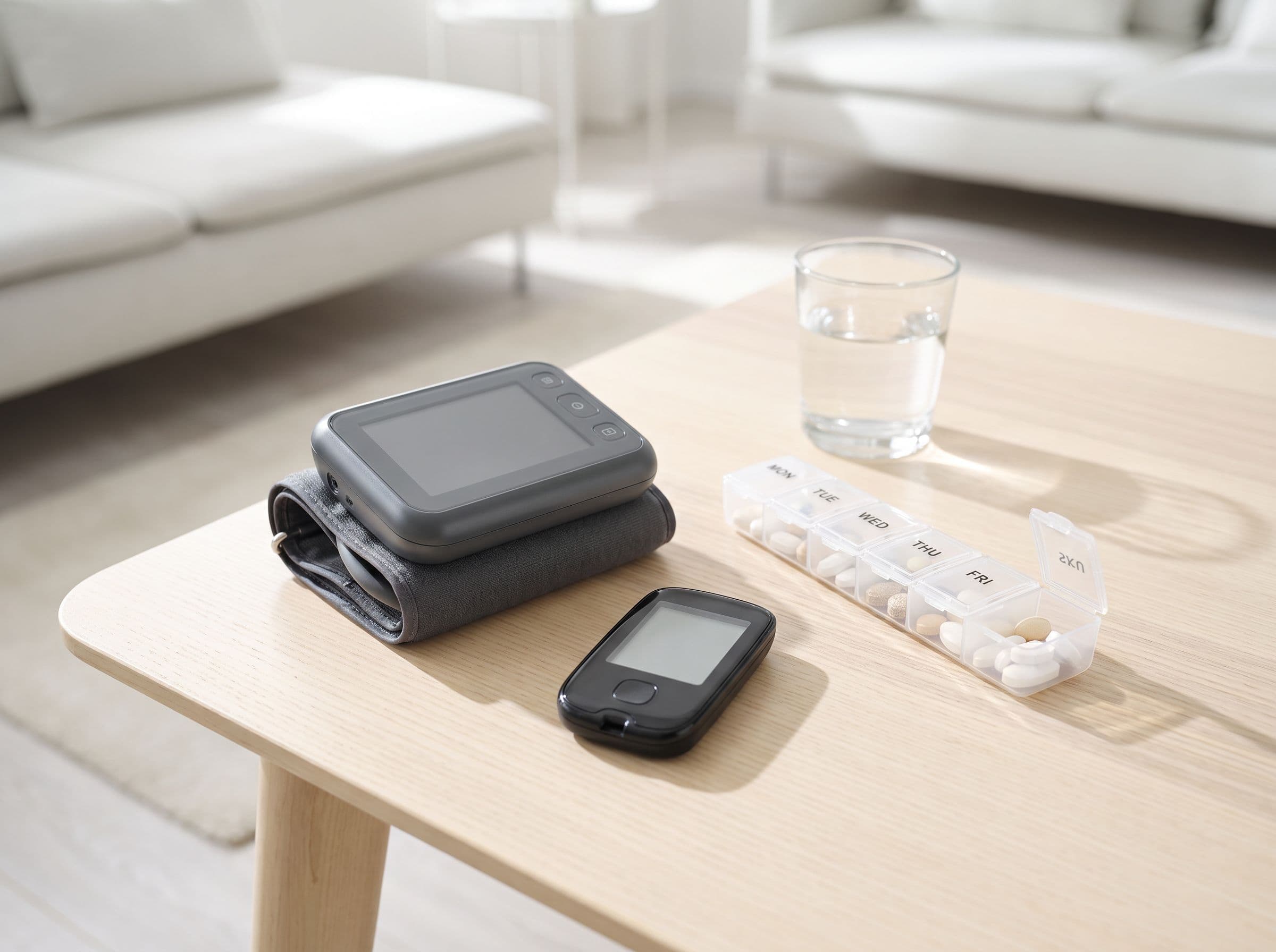 Home monitoring devices and a glass of water on a kitchen table in late afternoon light