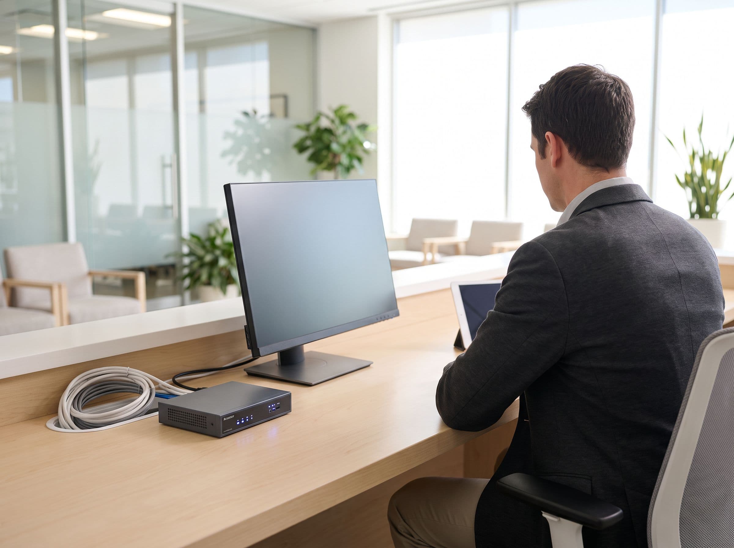 Network cabling and small office infrastructure behind a clinic front desk