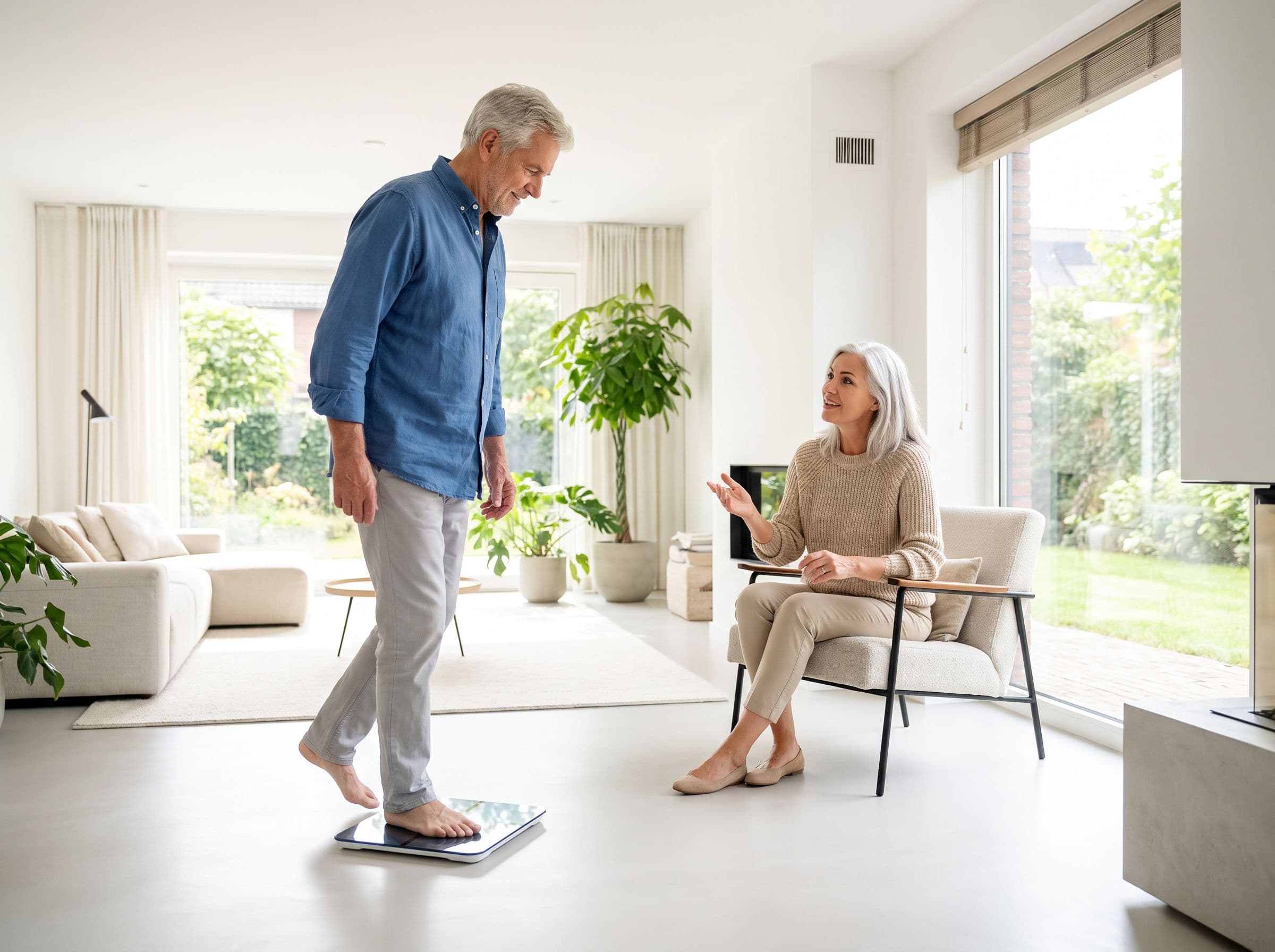 An older couple at home in their living room, one of them stepping off a bathroom scale